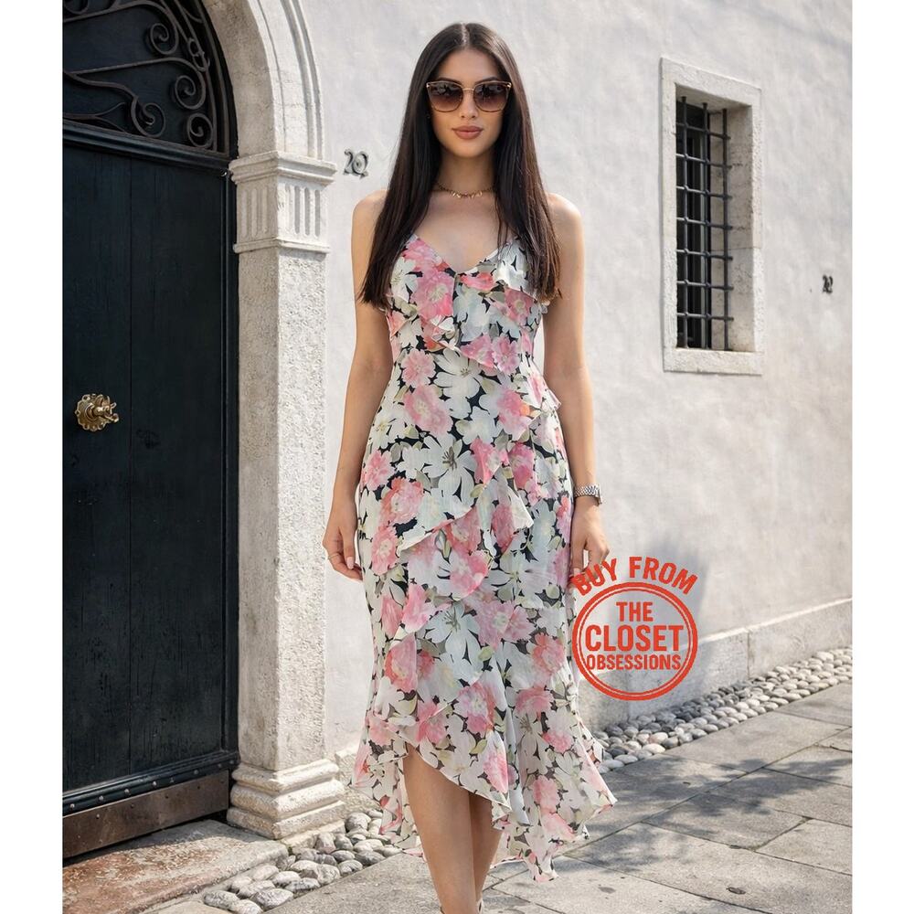 Zara NWT Floral Ruffle Asymmetrical High Low Strappy Midi Dress M - Picture 4 of 16